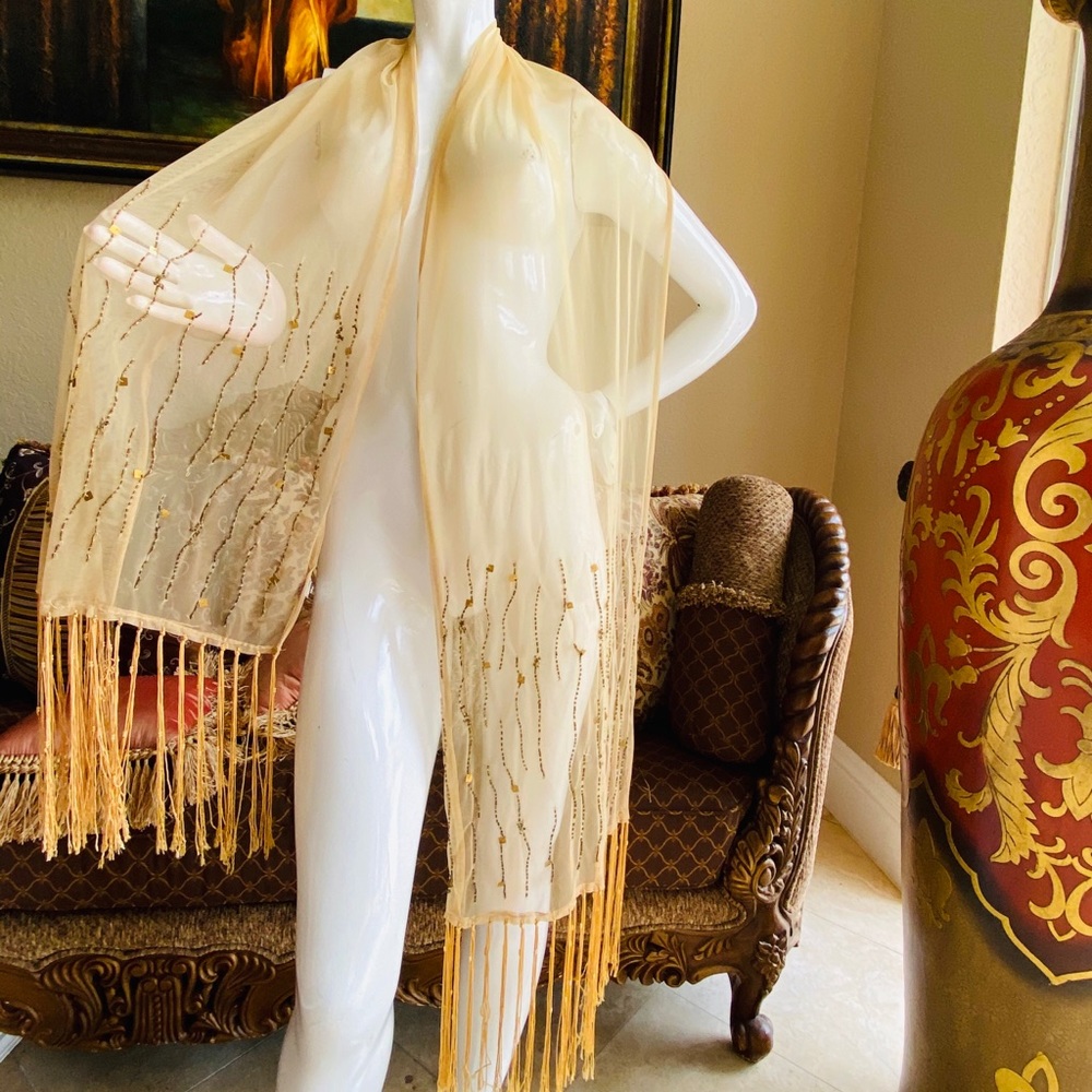 Collection XIIX Tan Mesh Fringe Beaded Scarf Wrap